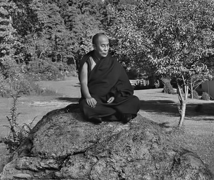 Der Dalai Lama meditiert auf einem Felsen